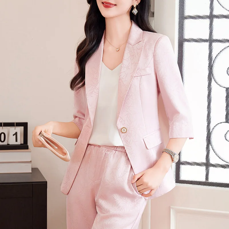 High-End Glossy Satin Jacquard Blazer for Women2024Early Spring New Three-Quarter Sleeve Retro Suit Suit