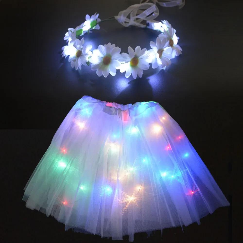 

Halloween Costume Tutu Skirt Light Up Layered Neon Tulle Flower Wreath Crown Headband Party Carnival for Women Girls