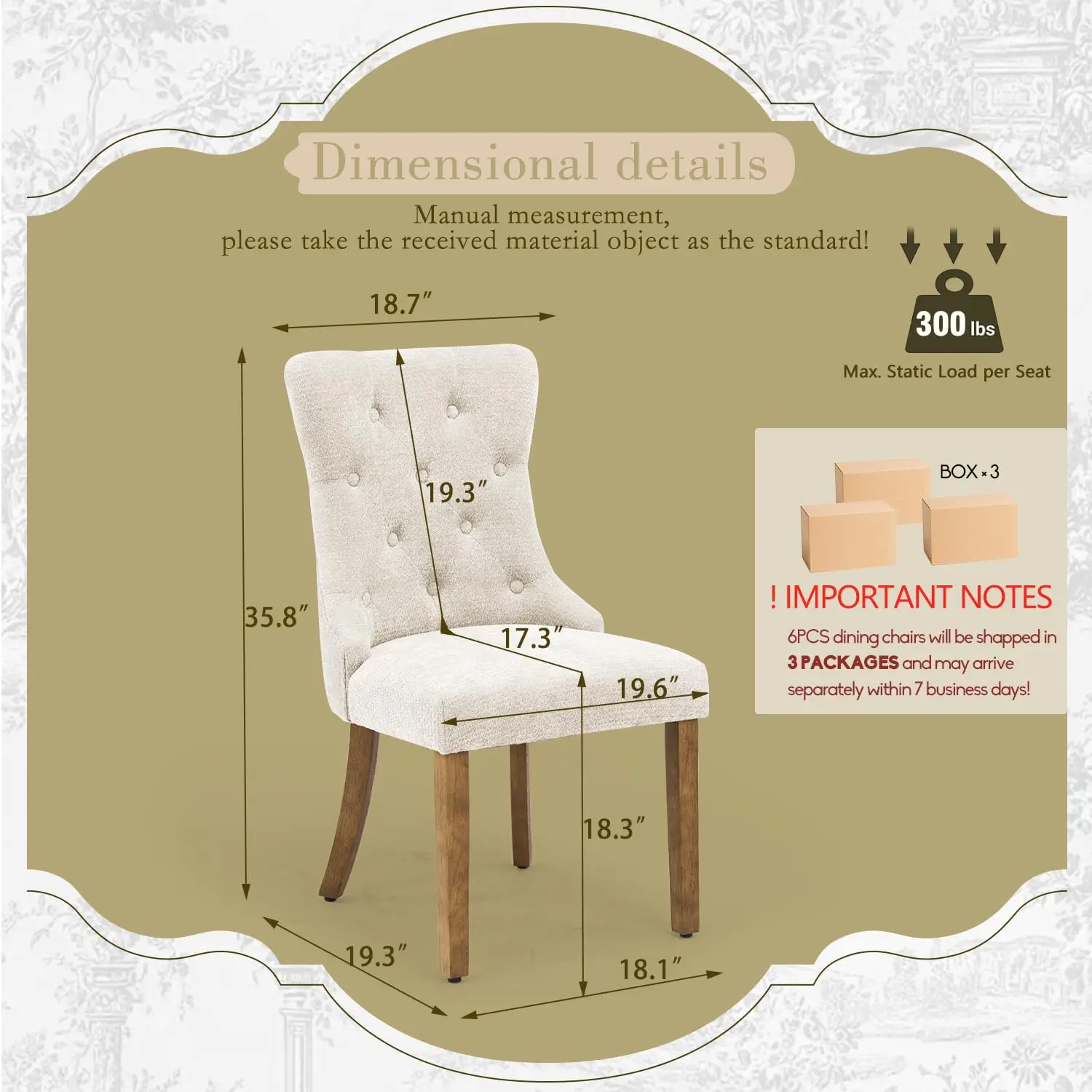 Wingback Dining Chair Set 6, Tufted Upholstered Kitchen Chair with Wood Legs, Farmhouse High Back Accent Customized