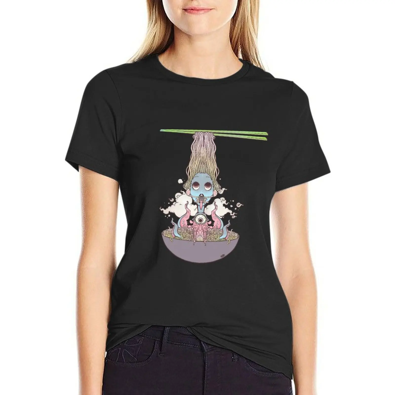 

Ramen Noodle And Octopus Tentacle Anime Girl T-Shirt korean fashion Blouse funnys Women's t-shirt
