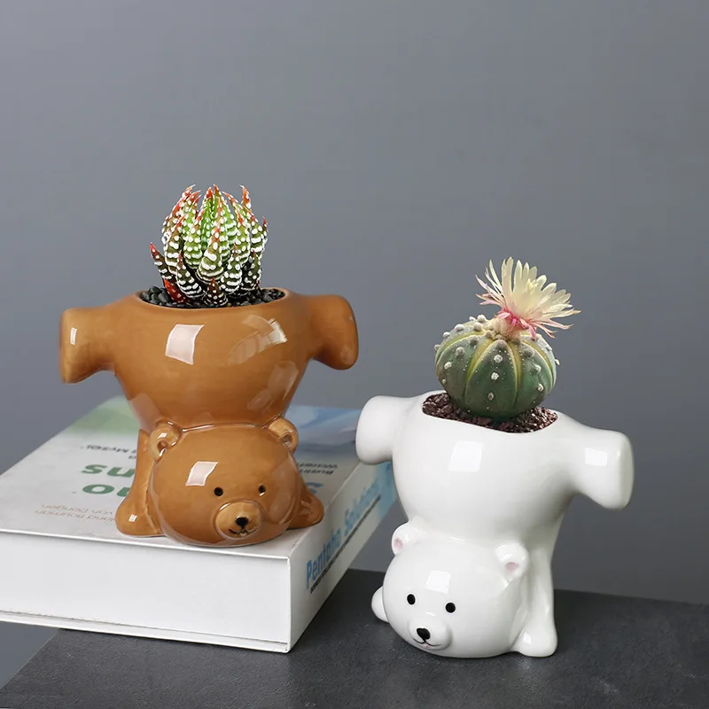 Handmade Creative Handstand Bear Ceramic Flower Pot Succulent Planter Mini Cactus Bonsai Desktop Tabletop Home Office Decor Gift