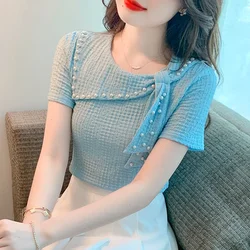 Causal Summer Ladies Tops 2024 Korean Fashion Clothing Short Sleeve Blusas Mujer Slim Beading Bow Y2k Blue White Blouses Women