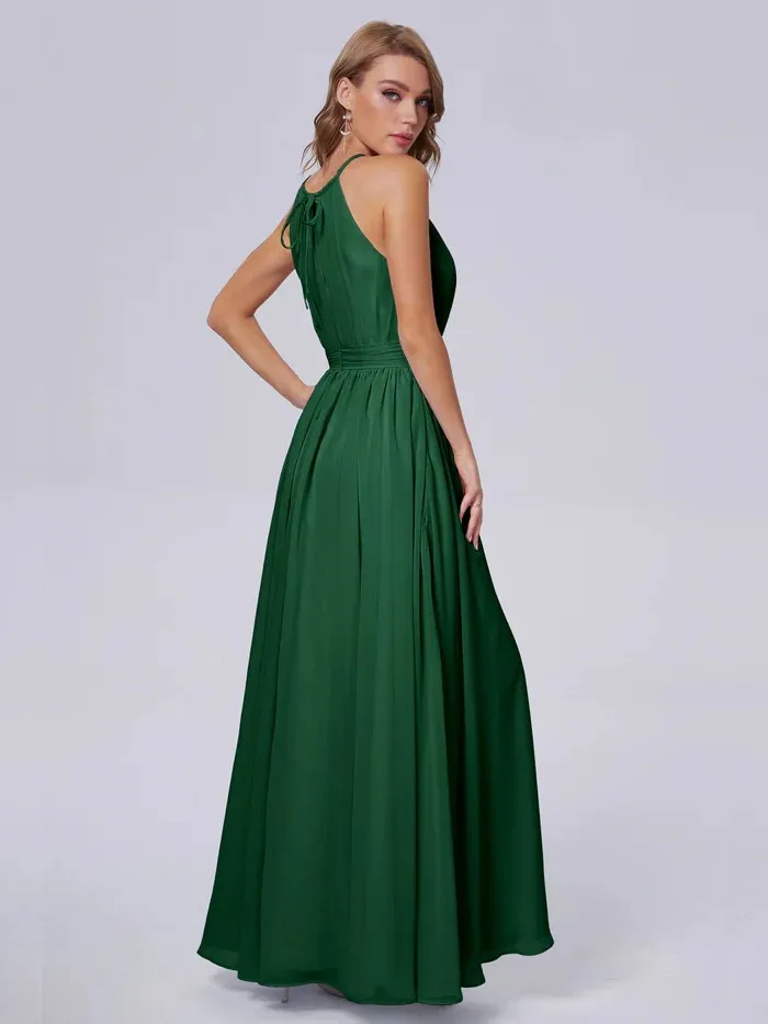 BABYONLINE Simple Boho Evening Dress Halter Neckline Key-Hole Top Long Maxi A-line Chiffon Skirt Formal Party Women Clothes