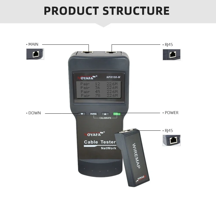 NF8108-M Network Cable Continuity Testing Cat5E/ 6E UTP STP CAT5 RJ45 With 8 Remote Noyafa Cable Length Tester