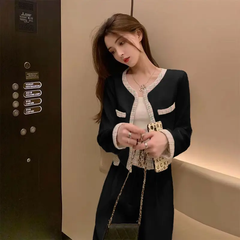 Spring Woman's Fragrance Bright Silk Stitching Texture Blazer Wide-leg Pants Set Retro Contrast Round Neck Suit Two-piece Sets