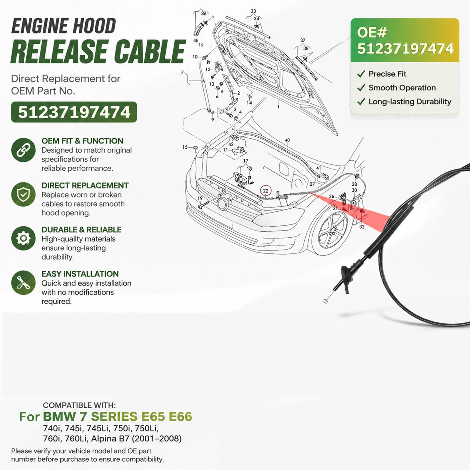 Car Engine Hood Release Cable Wire Bonnet Latch Line Replacement For BMW 7 Series E65 E66 2001-2008 51237197474 51238240606