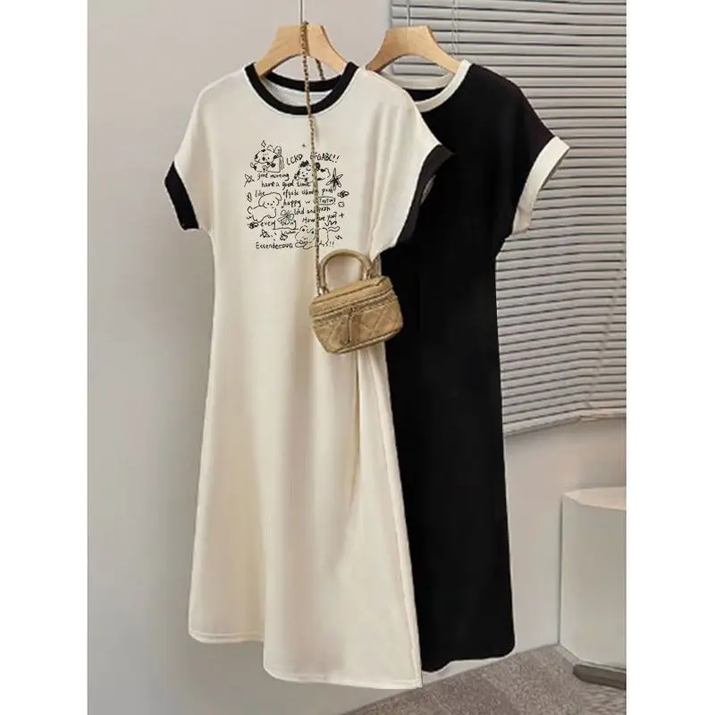 Short Sleeve Contrast Patchwork Print Street Casual T Shirt Dress Summer O-neck Loose Korean Dresses Fashion Trend Women Clothes