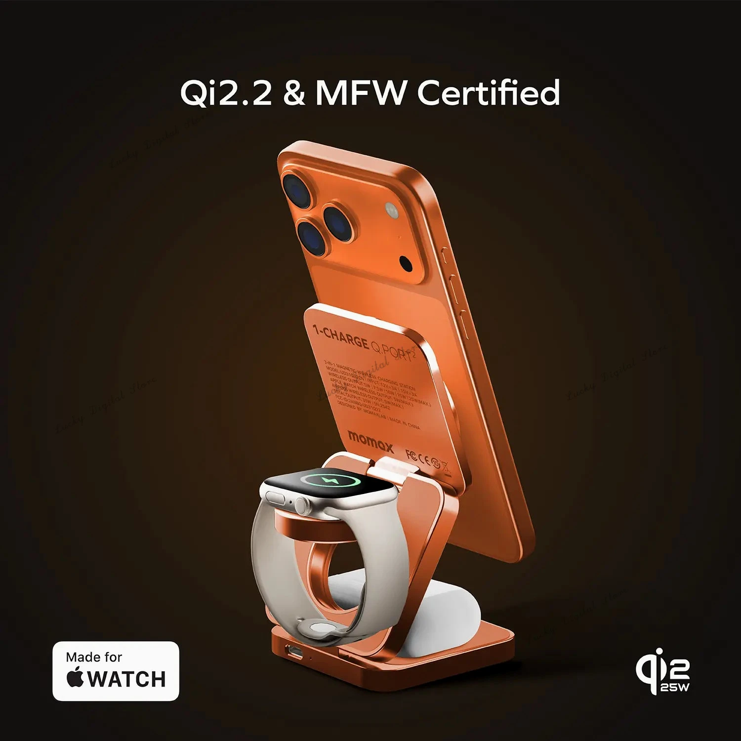 

Магнитная беспроводная зарядная станция MOMAX Qi2.2 25W 3 в 1 с быстрой зарядкой для iPhone и iWatch, включая зарядное устройство PD 45W AC.