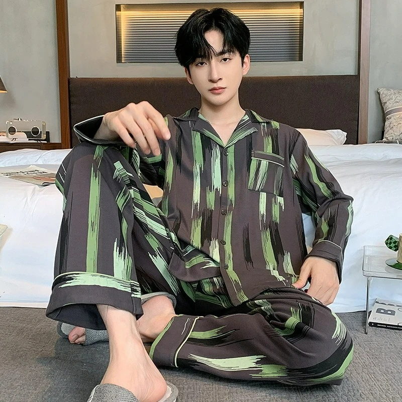 High-end Pajamas Men's Spring Autumn Cardigan Long-sleeved Trousers Large Size Can Be Worn Outside Casual Youth Loungewear Suit