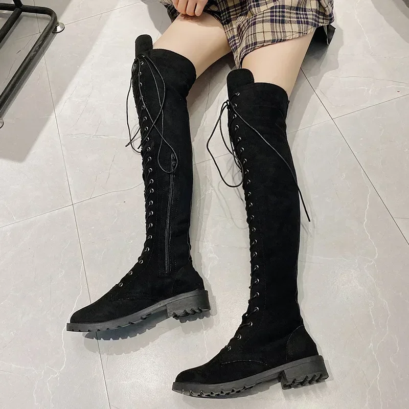 Cow Suede Over The Knee Modern Boots Square Heel Winter Ladies Shoes 2024 Hot Sale Lace-up Round Toe Low Heel Women's Boots