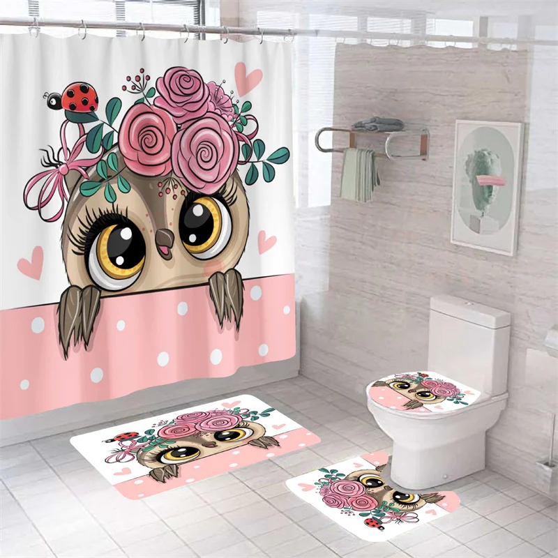 

Cartoon Owl Shower Curtain Waterproof 3D Print Bath Mat Set Toilet Rugs Anti-slip Carpet Decoration Shower Curtains with Hooks