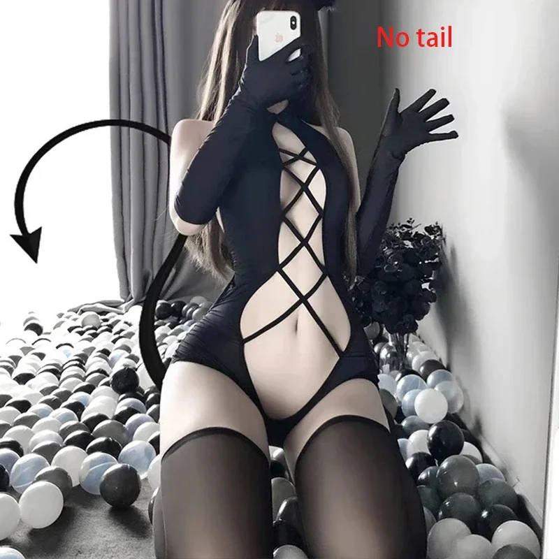 Porn Bodysuit Women Sexy Lingerie Anime Devil Cat Cosplay Costumes Crotchless Underwear Erotic Nightwear Bandage Sleepwear