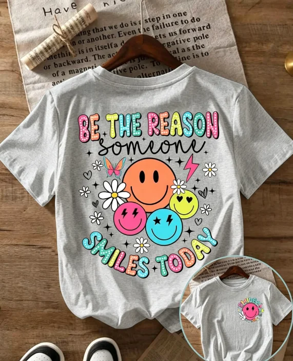 2026 Fashion New Arrival Slogan And Smiley Face Graphic Print Womens Crew Neck Short Sleeve T Shirt Summer Casual Daily Top Basic Top T Shirt