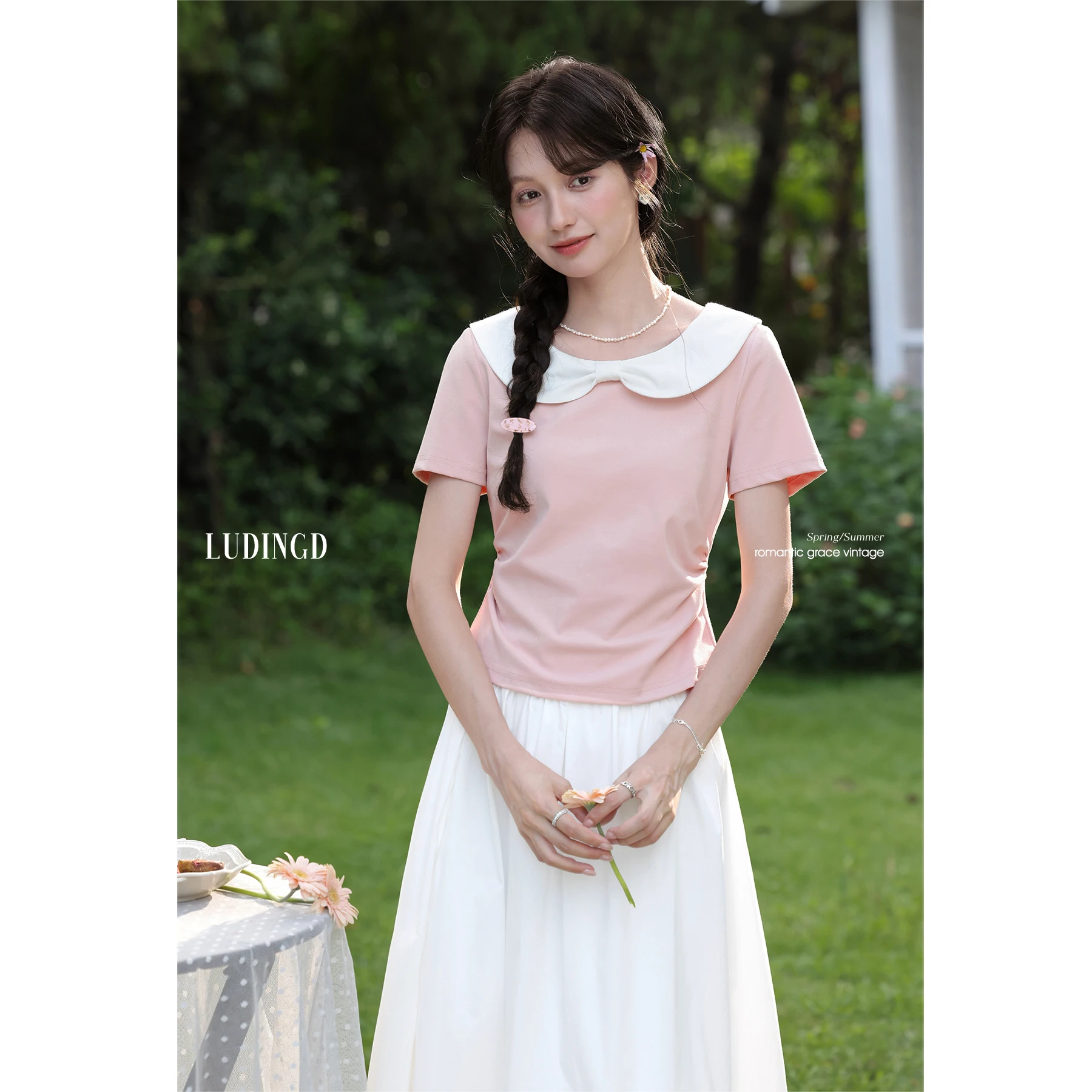 

ALXNAN женская футболка больших размеров с розовым кукольным воротником, милые футболки с короткими рукавами, хлопковая повседневная женская одежда D12002