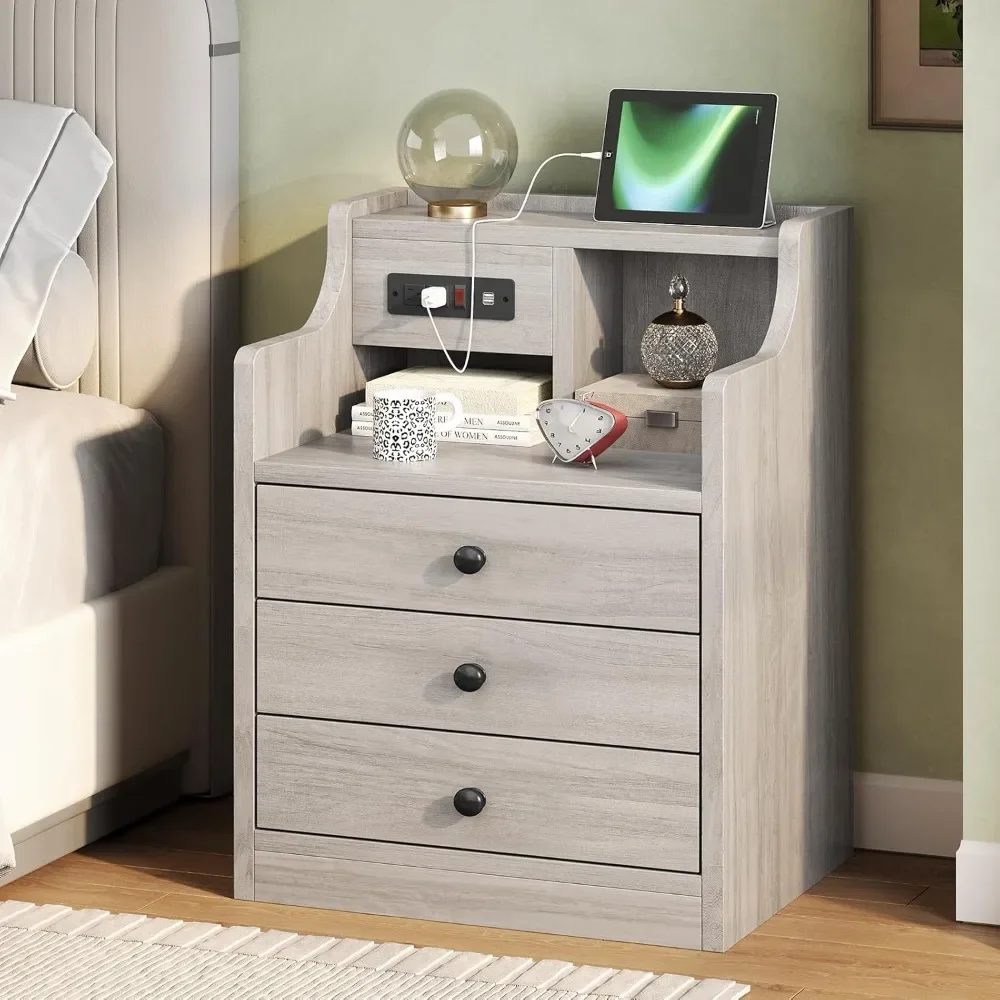 Nightstand with Charging Station, Grey Night Stands with Hutch, 3 Drawers Bedroom End Table Bedside Table