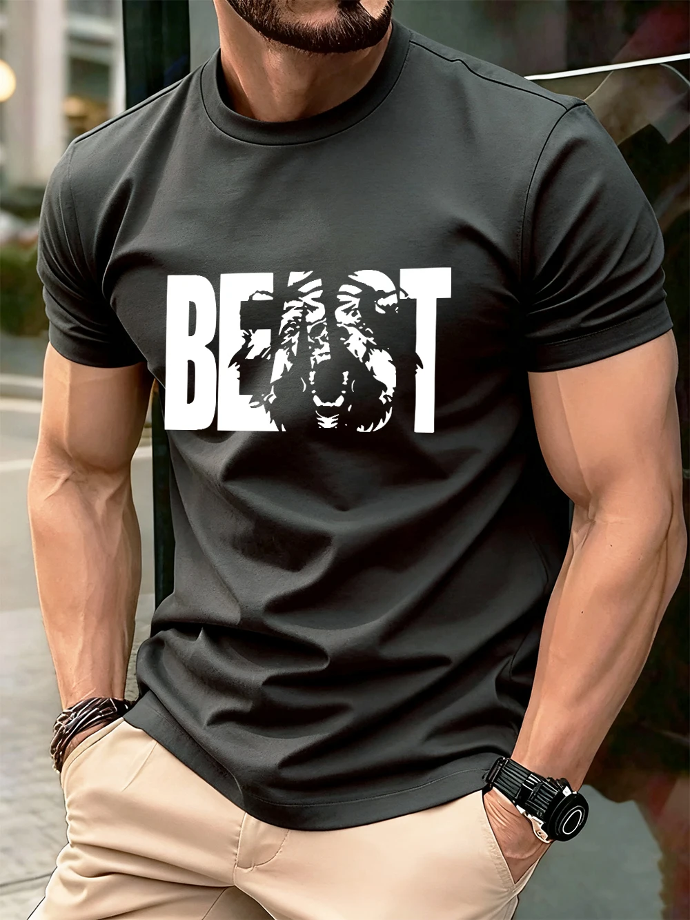 Beast Letter Print Cotton T-Shirts Men'S Summer Comfortable Soft T Shirt Oversized O-Neck Short Sleeve Tops Basic Mens Clothes