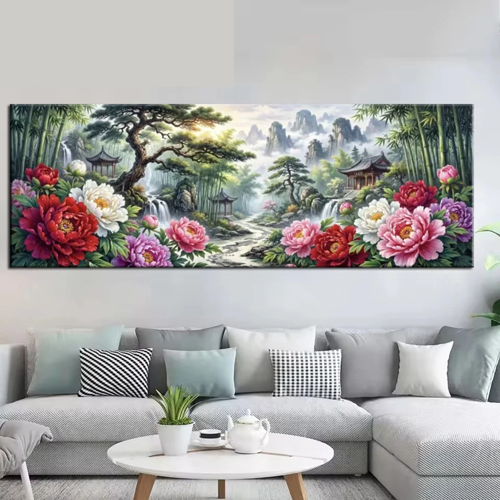 Bamboo Forest Blooming Peony Flowers DIY Diamond Painting Pavilion Pine Tree Landscape Full Drill Mosaic Kits Diamond Embroidery
