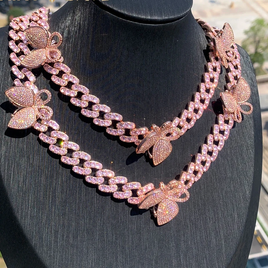 

2024 Iced Out Cuban Link Pink Butterfly With Pink CZ Zircon Chain Animal 12mm Iced Out Women Choker Necklace Jewelry