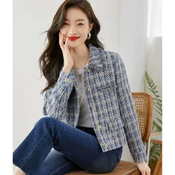 Autumn Winter Fragrant Style Turn Neck Straight Tube Tweed Short Coat Women's Long Sleeve Jackets