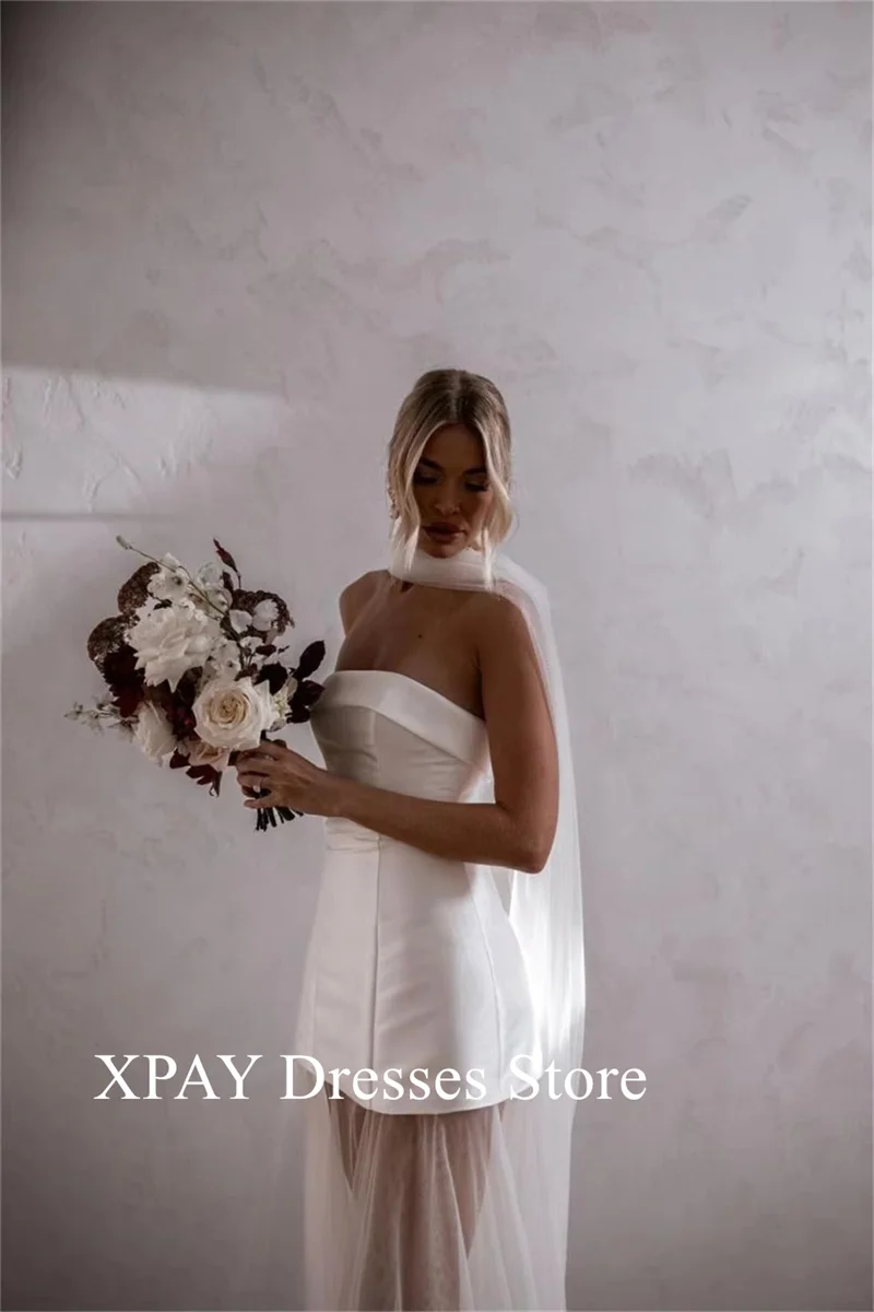 XPAY 2025 Strapless สีขาวซาตินงานแต่งงานชุดลูกไม้ยาวที่ถอดออกได้รถไฟแขน vestidos de novia ซิปด้านหลังอย่างเป็นทางการที่กําหนดเอง