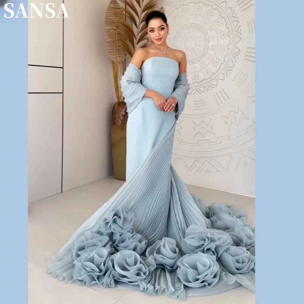 Sansan Gorgous A-Line Floral Pleats Lace Porm Dress Customized Floor-Length Strapless Wedding Dresses Shawl Vestidos De Fiesta