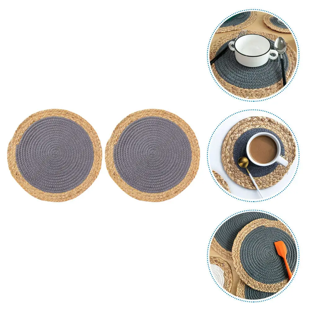 2Pcs Natural Gourd Grass Woven Placemat Heat Insulated Table Mat Multi-Functional Desktop Bowl Coaster Tassel Round Place Mat