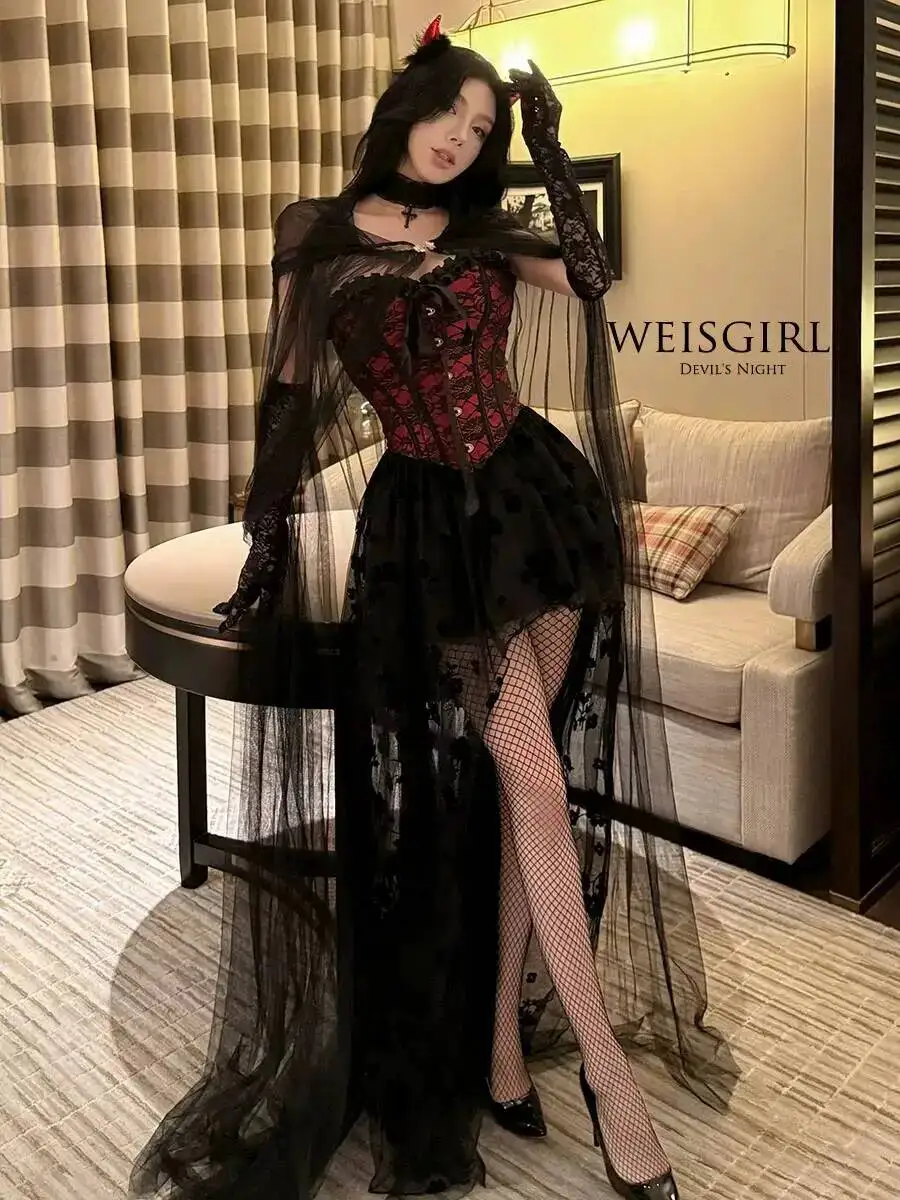 

Gothic Witch Costume Full Set Red Floral Lace Corset Long Sheer Tulle Cape Devil Horn Halloween Club Party Dress Cosplay Outfit