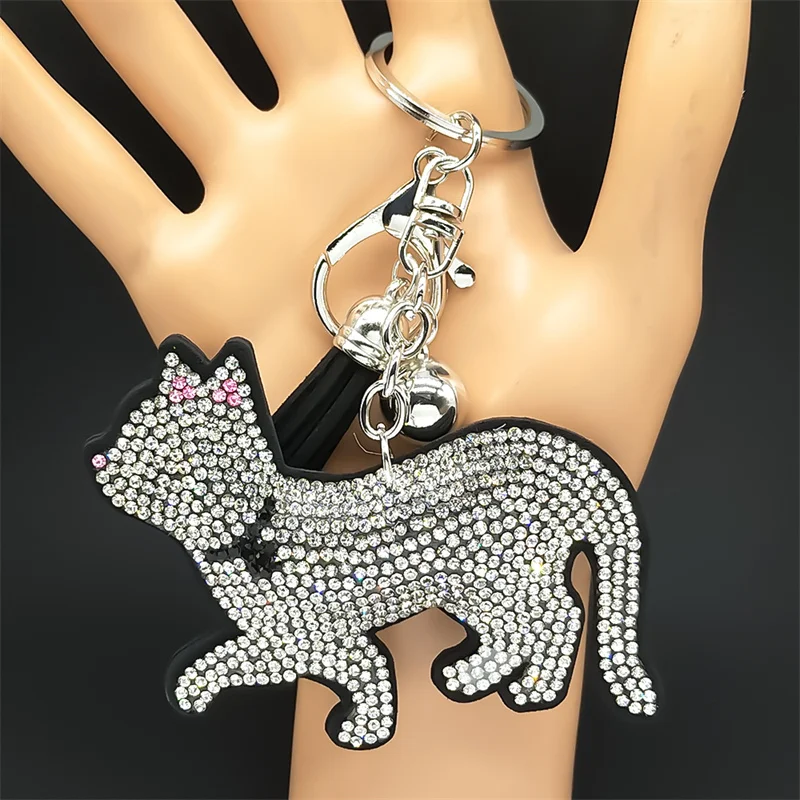 Rhinestone Cat Keychain for Women Bling Walking Pink Black Cats Bag Charm Key Ring with Tassel Fashion Jewelry Christmas Gifts