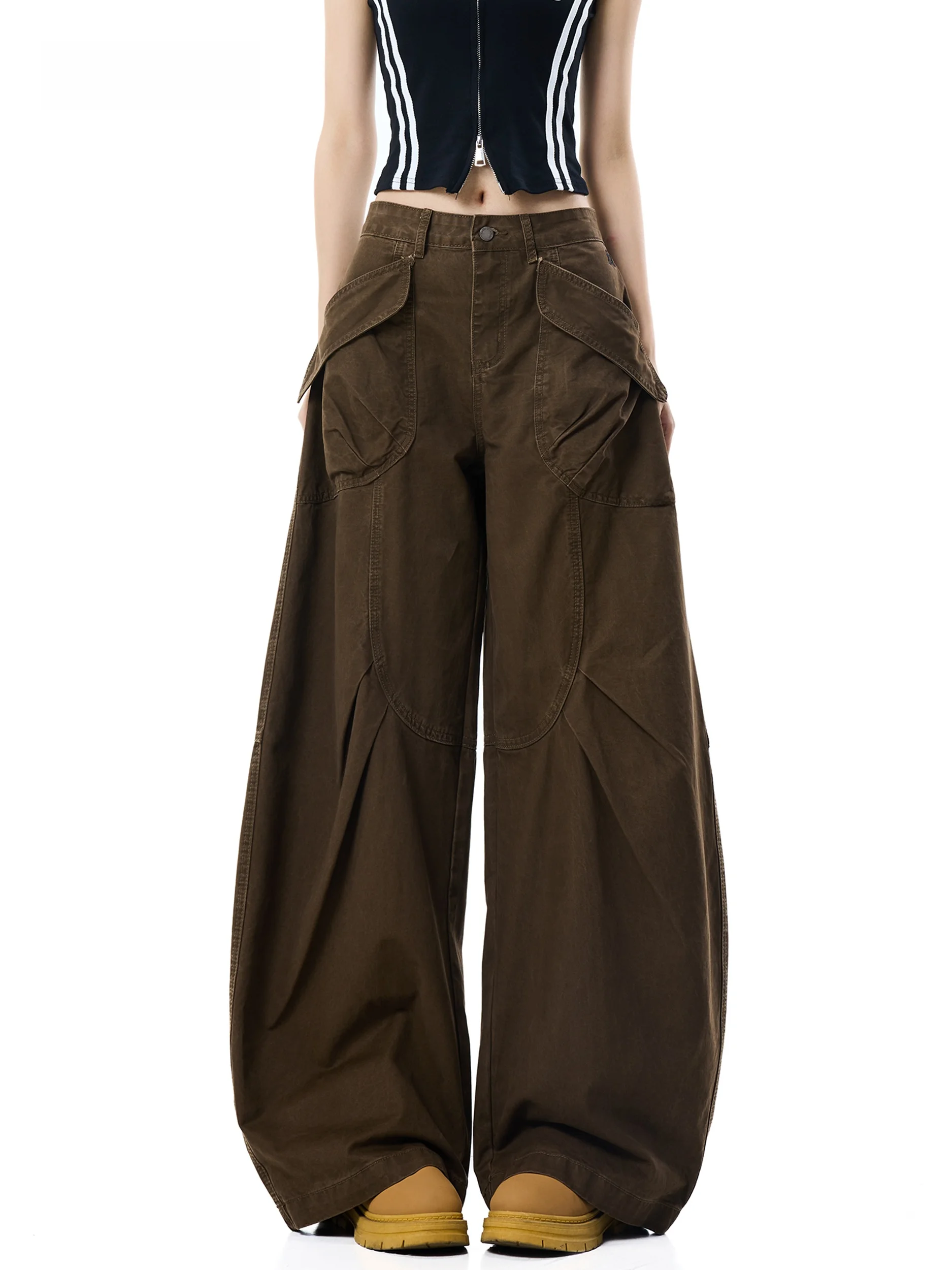 American Retro Coffee Color Casual Work Pants Women High Waist Wide Leg Knife Pants Slimming Long Pants Cotton Straight Leg