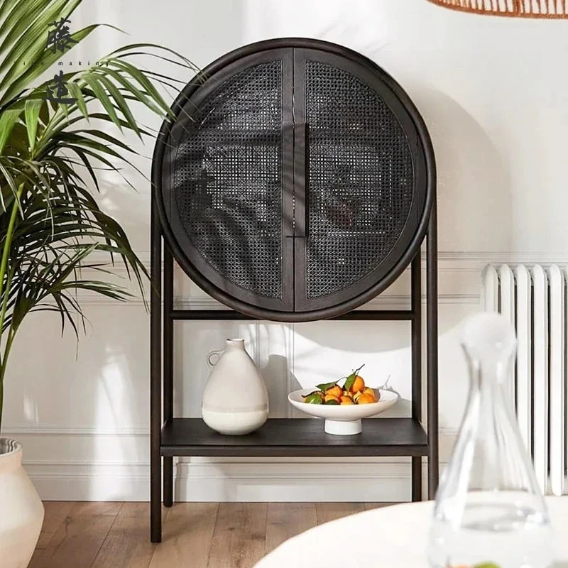 TTTTliving Room Bed And Breakfast Bedroom Storage Cabinet Retro Nordic Solid Wood Rattan Circular Locker Simple