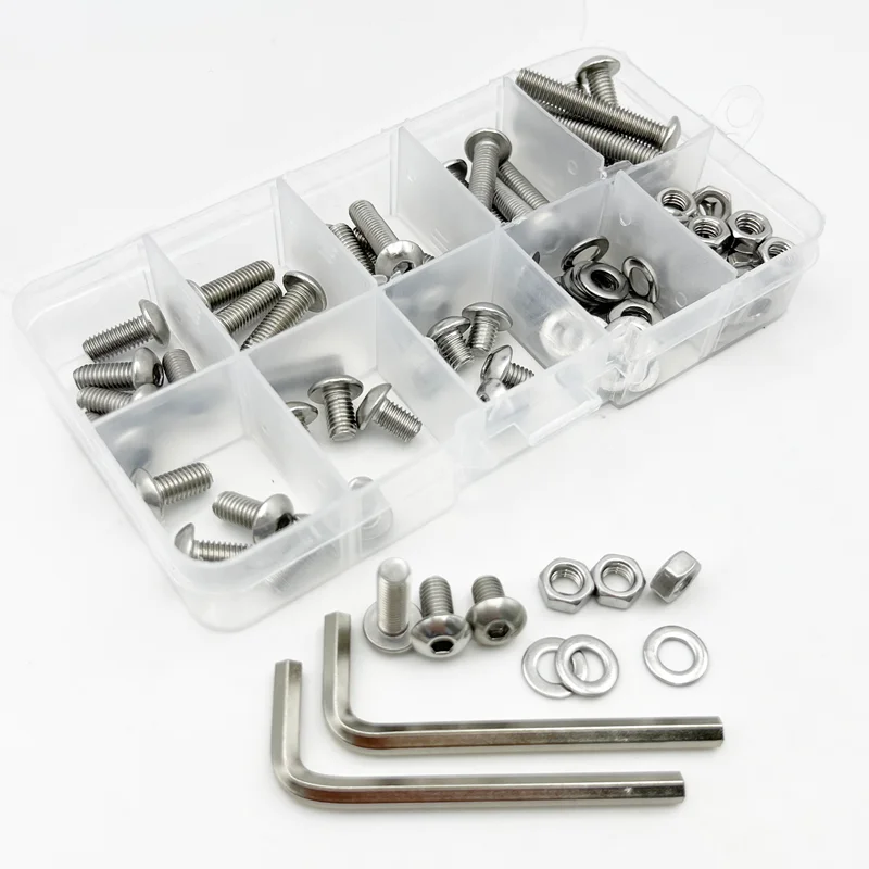 Hexagon Socket Cap Screw Bolt and Nut Set M2 M3 M4 M5 M6 Stainless Steel A2 304 Round Pan Head Allen Screw Nut Kit with Hex Key