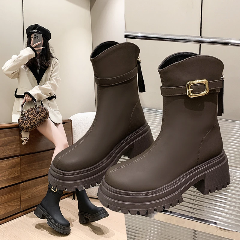 

Женские ковбойские сапоги в стиле вестерн на толстой подошве, модные осенне-зимние женские туфли на платформе с молнией сзади, ботильоны до середины икры