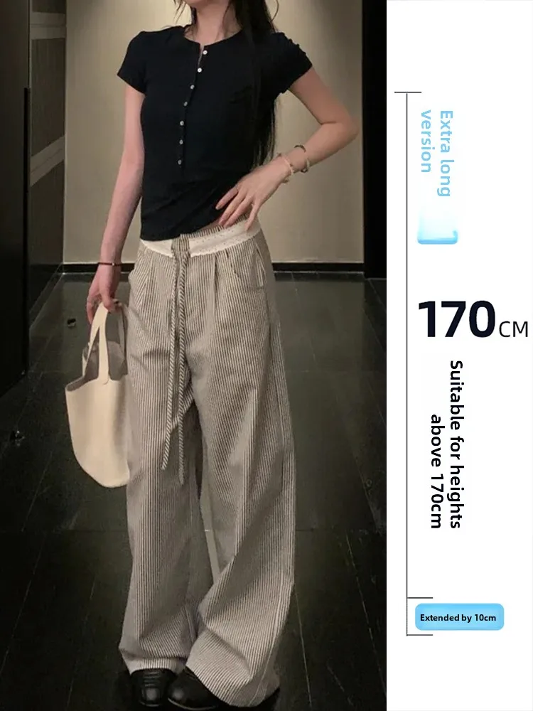 

Женские повседневные брюки с высокой талией в полоску, удлиненные, свободного кроя, прямые, в пол, в корейском стиле, весна-осень