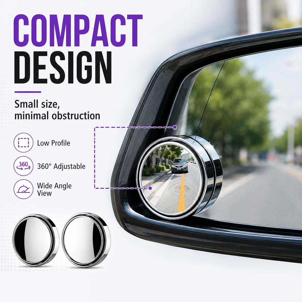 Car Side Mirror Blind Spot Mirror 360° Adjustable Lane Change Assistance Strong Adhesive Backing ABS Plastic Housing 2PCS