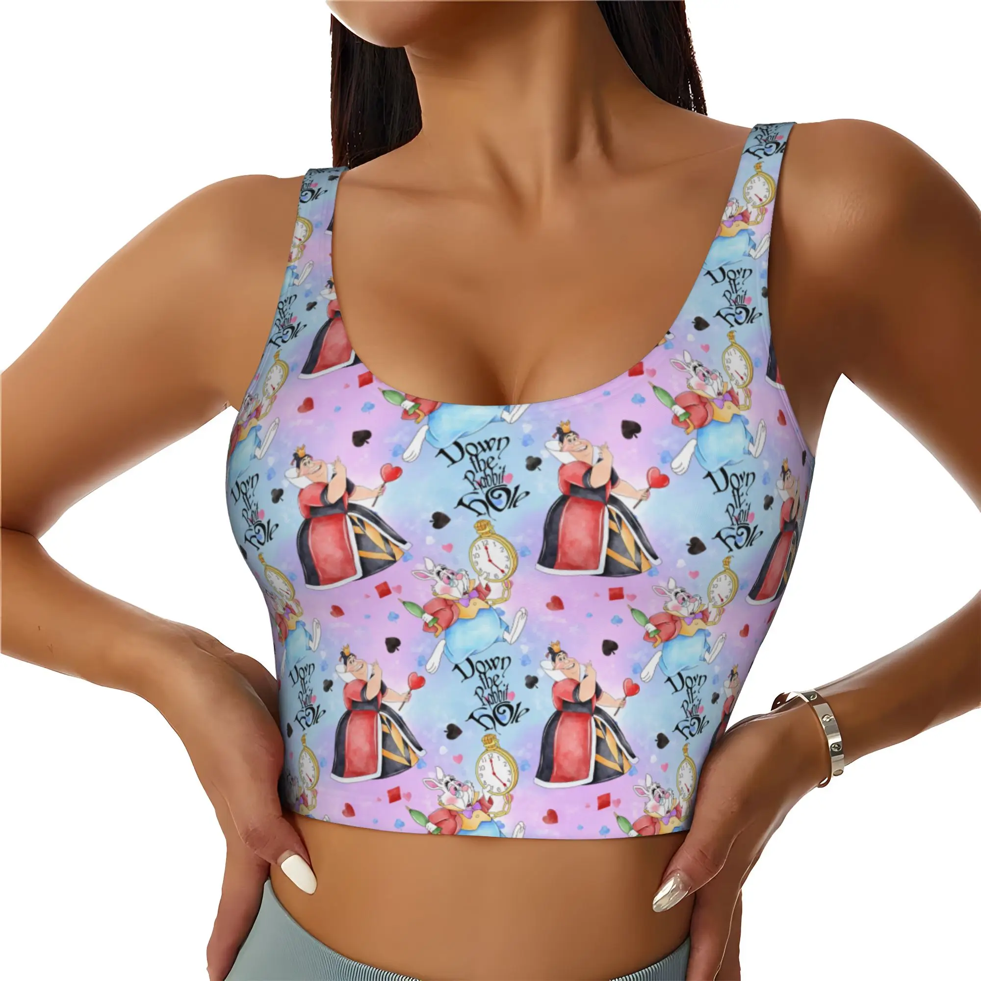 Custom Alices Anime Wonderlandes High Impact Sports Bras for Women Cartoon Cat Seamless Workout Running Crop Tank Tops