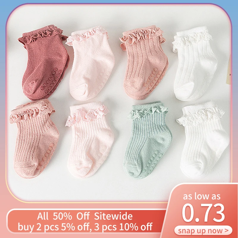 

Lace Ruffle Princess Baby Socks Soft Cotton Breathable Toddler Girl Short Sock Rubber Bottom Anti-slip Kids Floor Socks Footwear