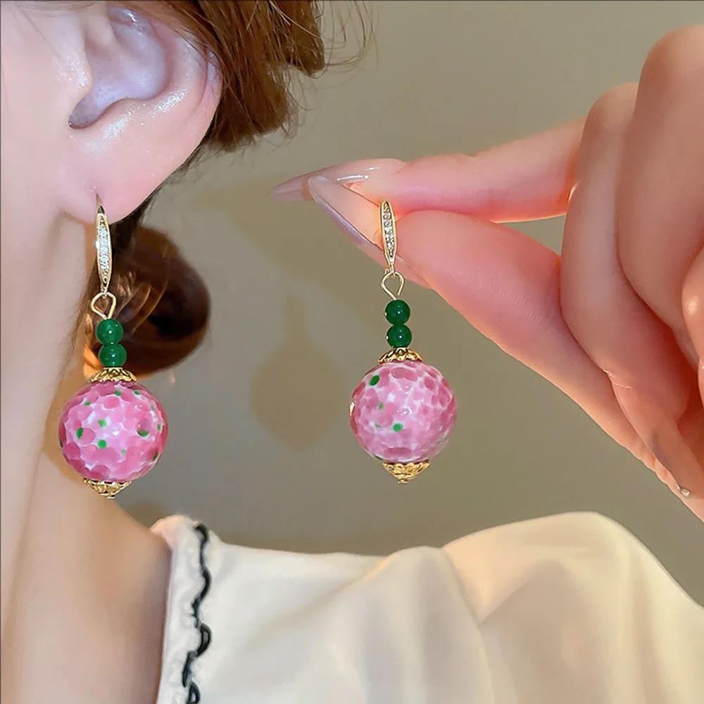 

New Retro Pinkish-green Ceramic Dangle Earrings Sweet And Fresh High-end Girlish Jewelry For Women Girls
