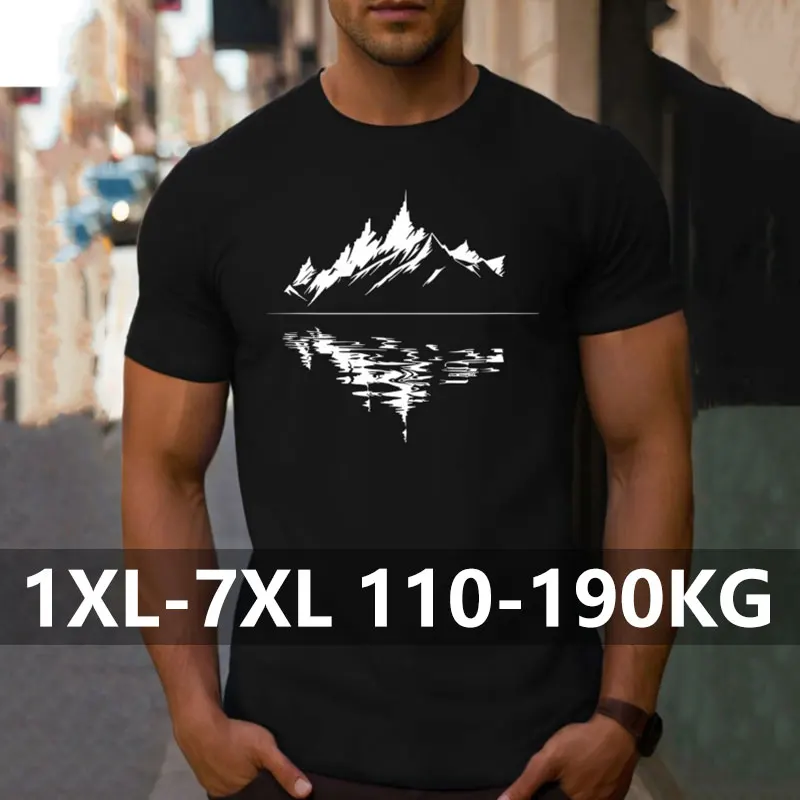 Sommer-T-Shirt aus reiner Baumwolle für Herren, modisch, lässig, lockere Passform, T-Shirts in Übergröße, Bergreflexion, bedruckt, Rundhalsausschnitt, kurzärmelig