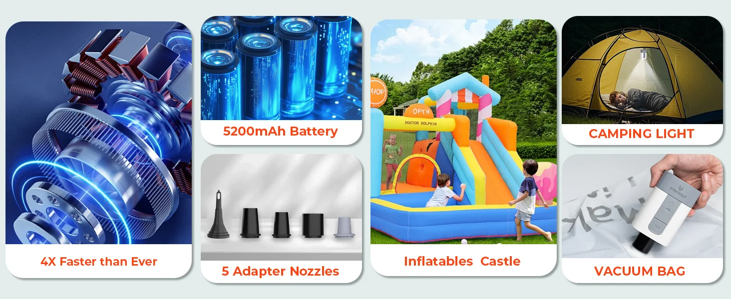 ETENWOLF AIR 5 Elektrische Luftpumpe, 720 LPM, Schnellfüller und Deflator, 5200 mAh, tragbare Luftpumpe für Poolschwimmer, Vakuum-Aufbewahrungsbeutel – Detail 5