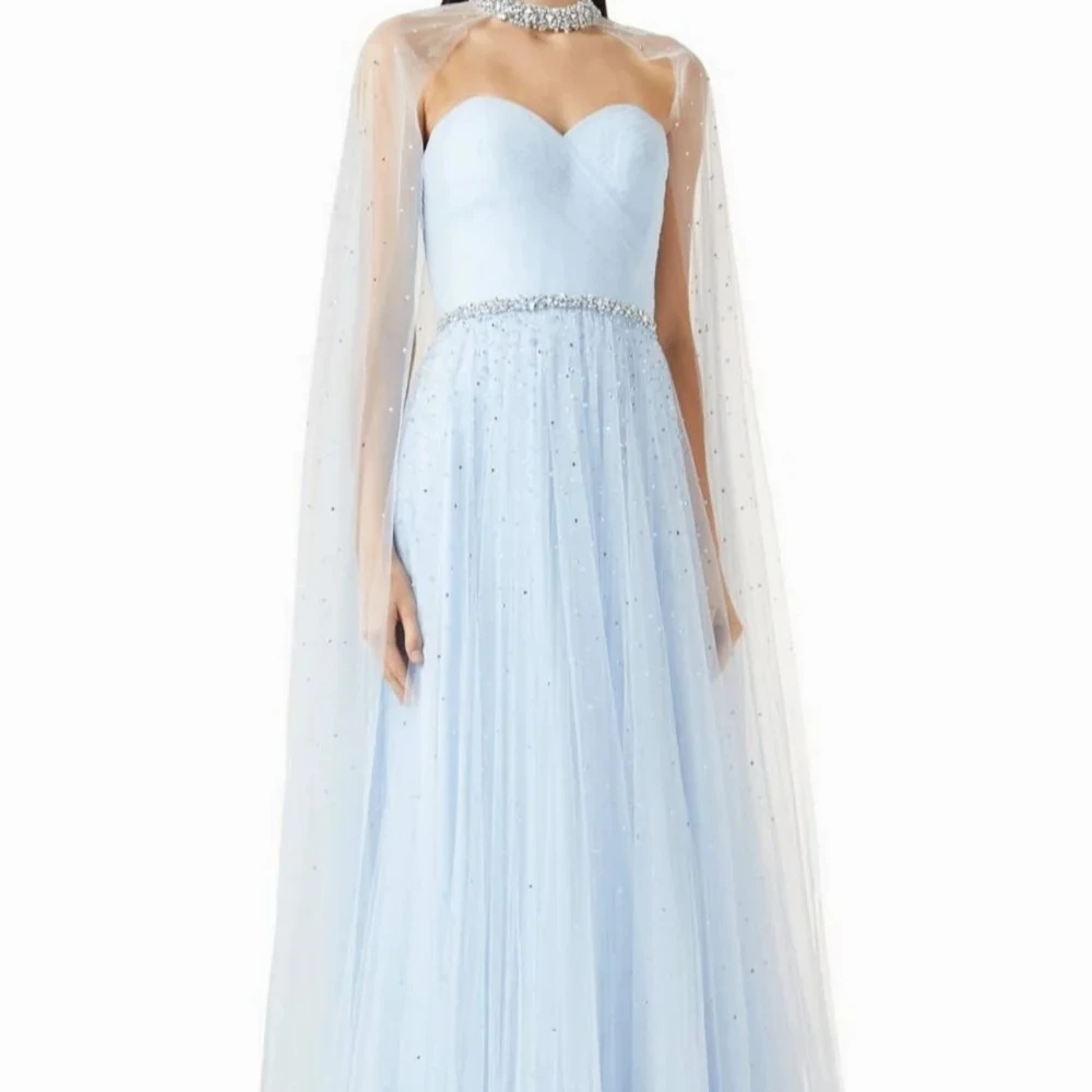 

Customized Sky Blue Intricate Luxury Tulle Beading Sequined Rhinestone Shawl A-line High Collar Long Dresses For Wedding Party