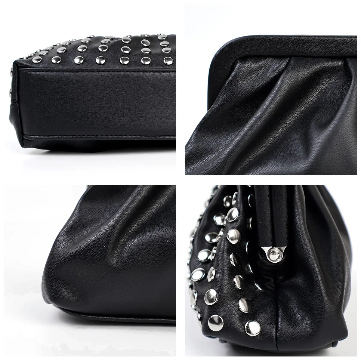 Punk Rivet Pouch Designer Women Handbags Fashion Clutch Bags for Women 2024 Soft PU Leather Dumpling Bag New Cloud Purses Ladies