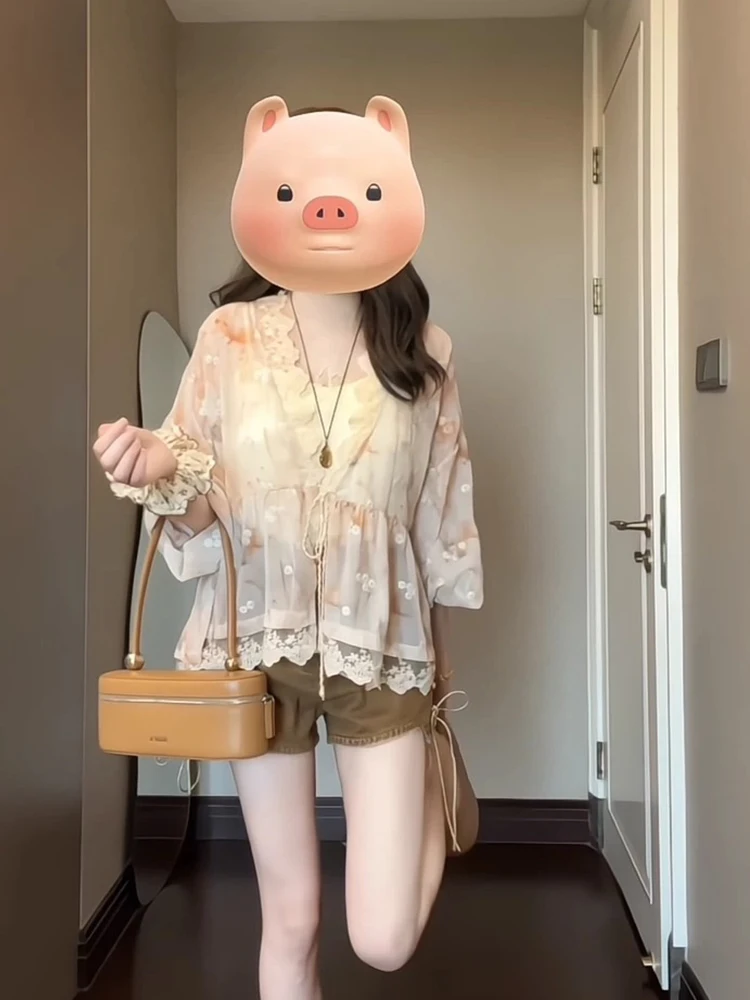 

Весенне-летний кружевной топ с вышивкой, женский, в корейском стиле, прямого кроя, с длинными рукавами, V-образным вырезом, модный, повседневный, для офиса