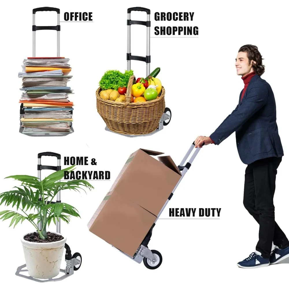 Przenośny składany wózek ręczny z teleskopowym uchwytem, aluminiowy wózek transportowy, udźwig 81 kg, czarna linka elastyczna w zestawie