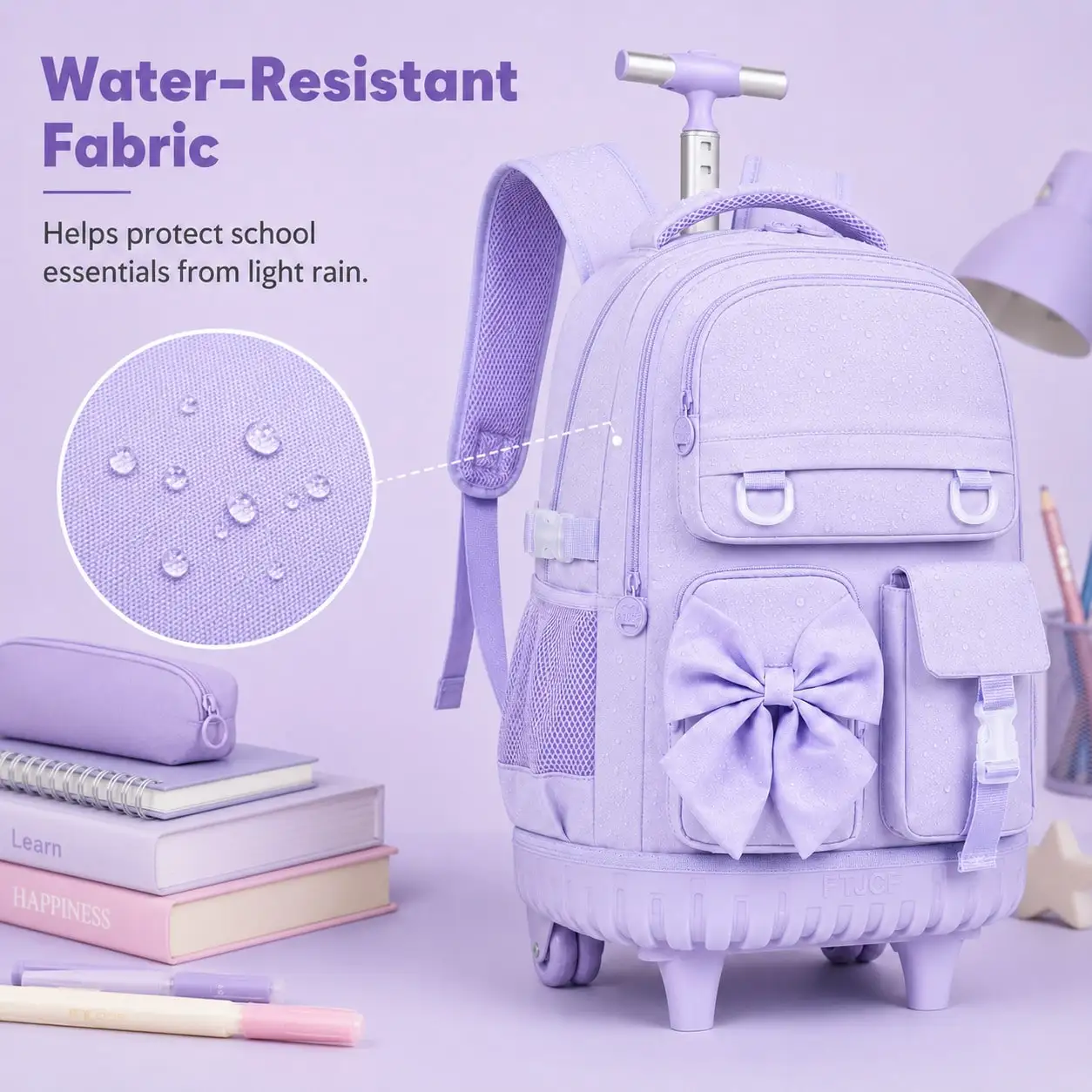 3PCS Rolling Backpack For Girls, Purple Bow Roller School Backpacks With Wheels, Water-Resistant Wheeled Bookbag Set