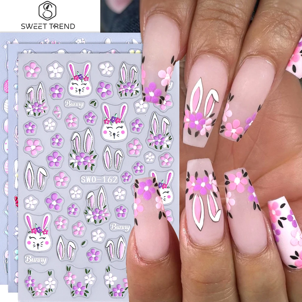 SWEET TREND-5D Geprägte Oster-Nagelaufkleber Niedliche Hasen Blumen Eier Nagelkunst-Aufkleber Abziehbilder DIY Maniküre-Dekoration Nagelzubehör