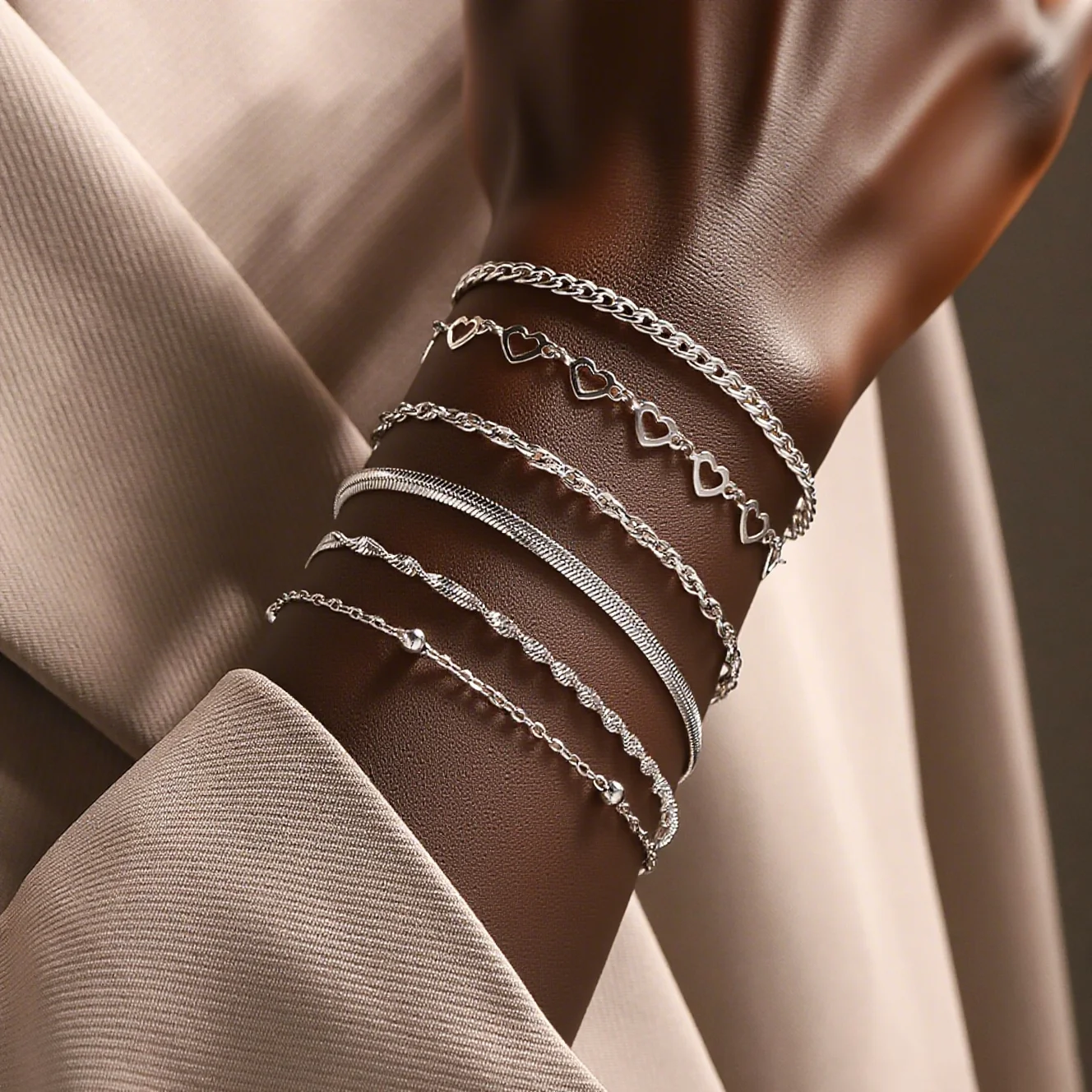 

6pcs Stainless Steel Women's Chain Bracelet Set, Waterproof Jewelry, Fashionable Matching, Party, Holiday Gift