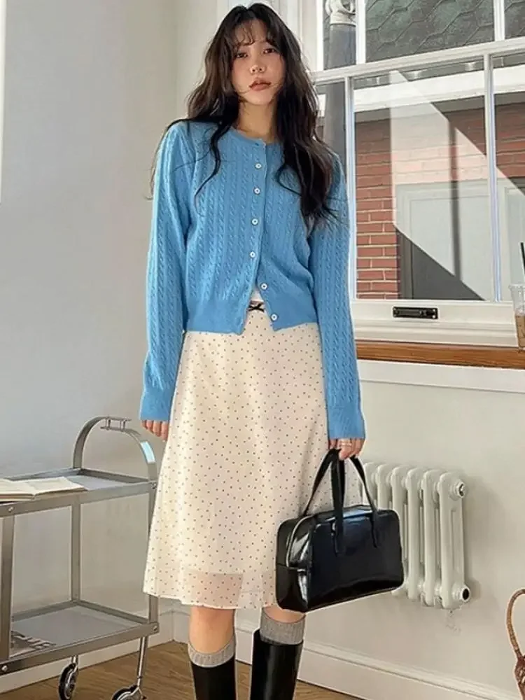 Women's High Waist Polka Dot Skirt Spring A-Line Korean Style Office Commute Skirt Stretchy Comfortable Splice Design