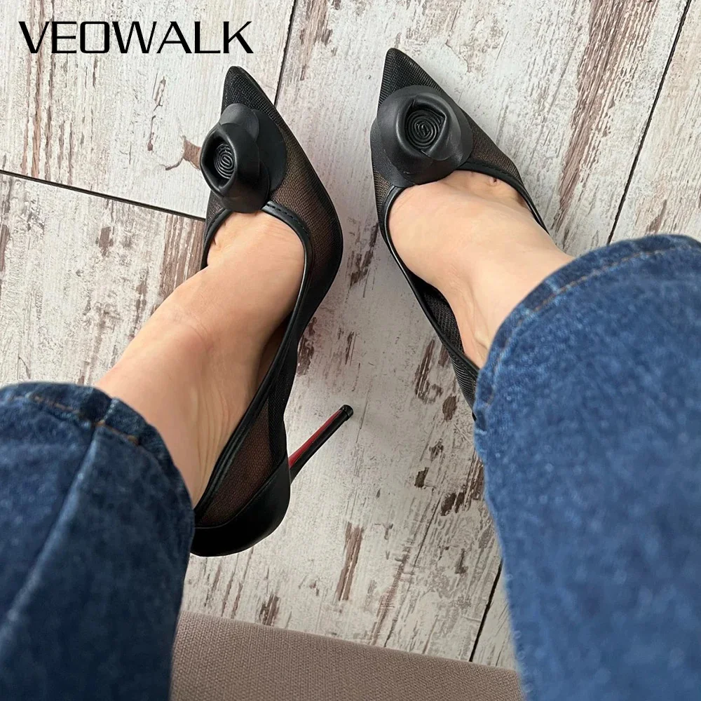 Tikicup Premium Quality Elegant Black Mesh Pointed Toe High Heels with 3D Rose Lady Slip On Evening Party Dress Stiletto Pumps