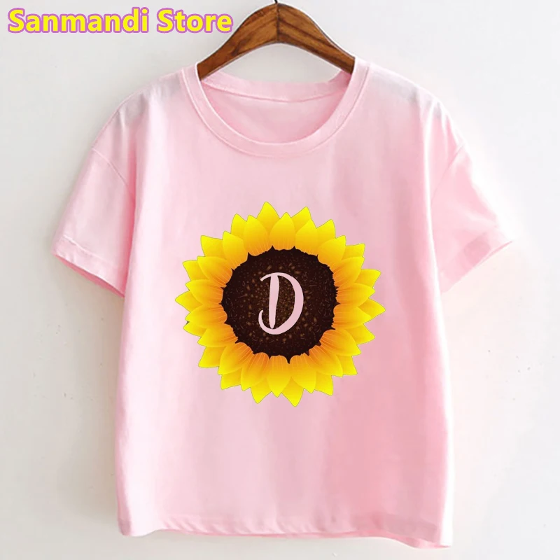 

New Cute Sunflower 26 Alphabet D Letter Print Tshirt Kids Clothes Girls/Boys Pink T Shirt Summer T-Shirt Children Clothing