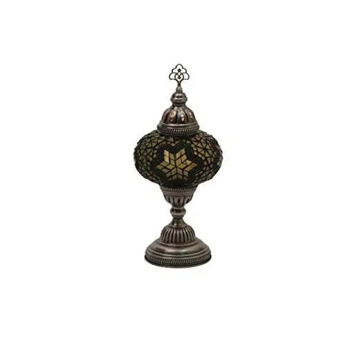 LaModaHome English Moroccan Handmade Mosaic Glass Table Lamp Light with Decorative Dark Copper Fixture for Bedroom, Livingroom a